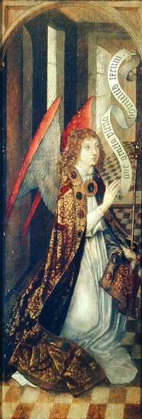 Anjo segurando uma bandeira, de uma Cena de Anunciação (óleo sobre painel) de Dutch School