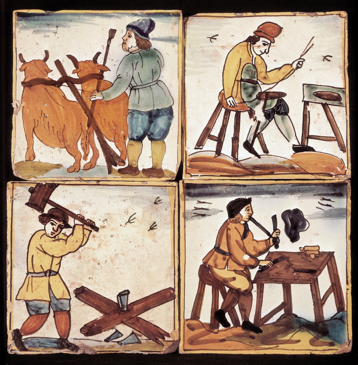 Painel de azulejos: representação de ofícios, lavoura camponesa, poupador, rachador de lenha e um pipier (cerâmica) de Dutch School