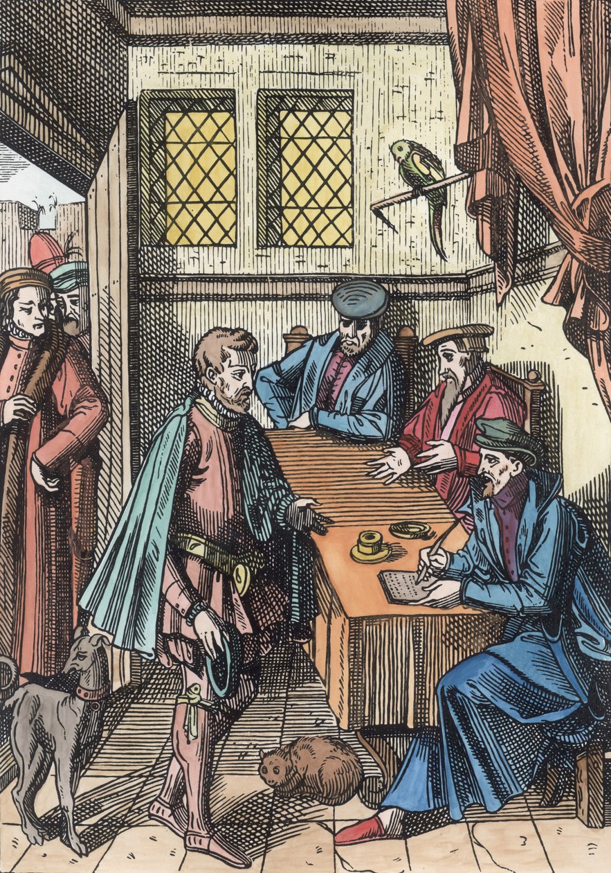 Bailliage, ou Tribunal dos Reis Oficiais de Justiça, depois de uma gravura em madeira em Praxis Rerum Civilium por Joos de Damhouder (1507-81) publicou Antuérpia, 1557 (posterior coloração) de Dutch School