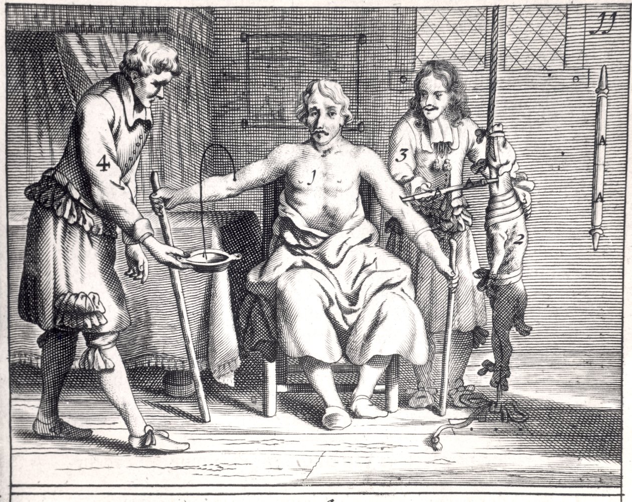 Transfusão de sangue de um cão, de Armamentarii Chirurgici por Johannes Schultes (1595-1645) publicado em Amsterdã, 1671 de Dutch School
