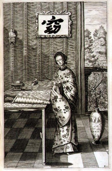 Mulher chinesa com rouxinol, de "China Illustrated" de Athanasius Kircher (1601-80) 1667 (gravura) de Dutch School