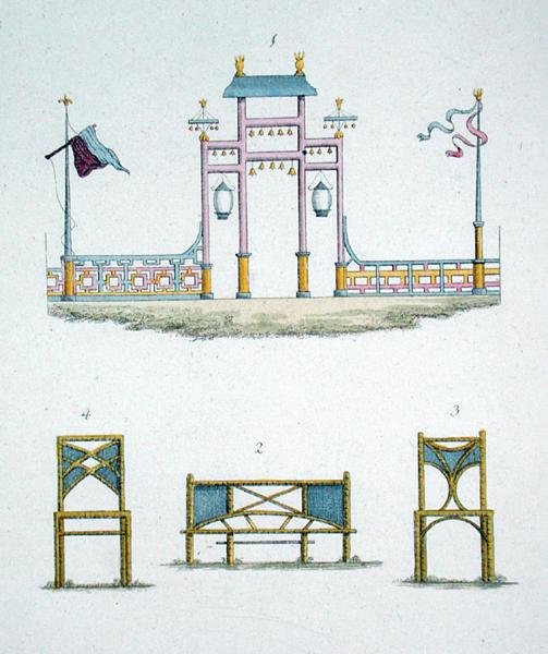 Porta e bancos de jardim chineses, da 