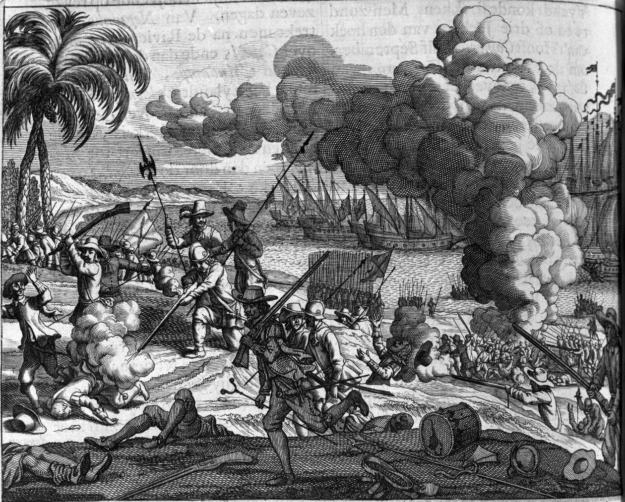 Colonização: as frotas holandesas perseguindo portugueses do Ceilão (actualmente Sri Lanka ou Srilanka) em 1658. Impressão holandesa de "Afgoderye de oost-indische heydenen" (Descrição dos países do leste da Índia) de Philippus Baldaeus (ou Balde) (1632-16 de Dutch School
