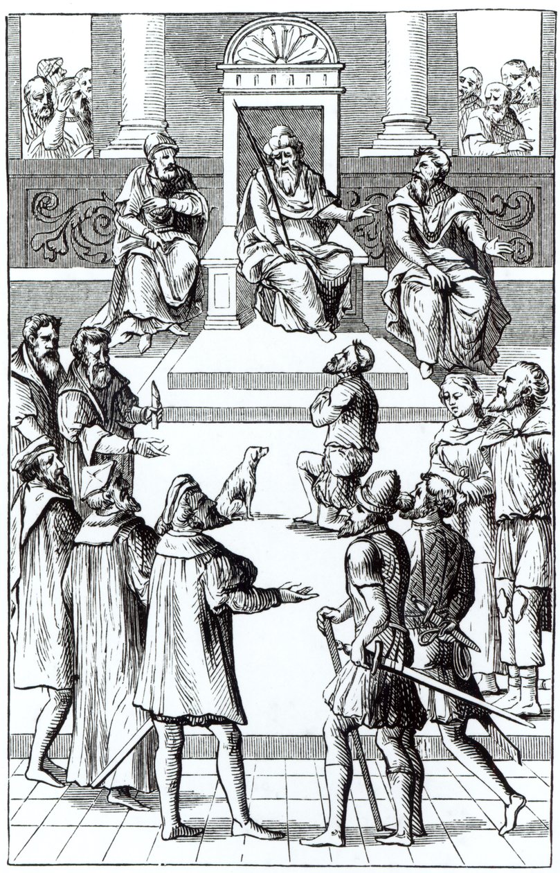 Confissão de reparações antes do tribunal, depois de uma xilogravura em Praxis Rerum Criminalium por Joos de Damhouder (1507-81) publicou Antuérpia, 1556 de Dutch School