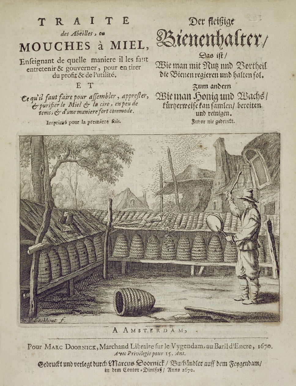Capa de abelhas ou mel voa ... impresso em francês e alemão, gravado por GVEckhout, Amsterdam 1670 de Dutch School