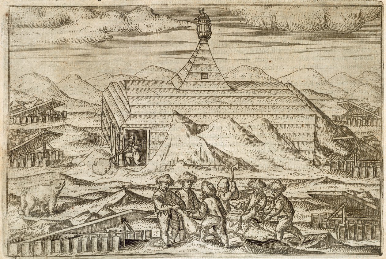 Tripulação a matar e esfolar ursos, fora da cabine em que a expedição invernou, ilustração de 