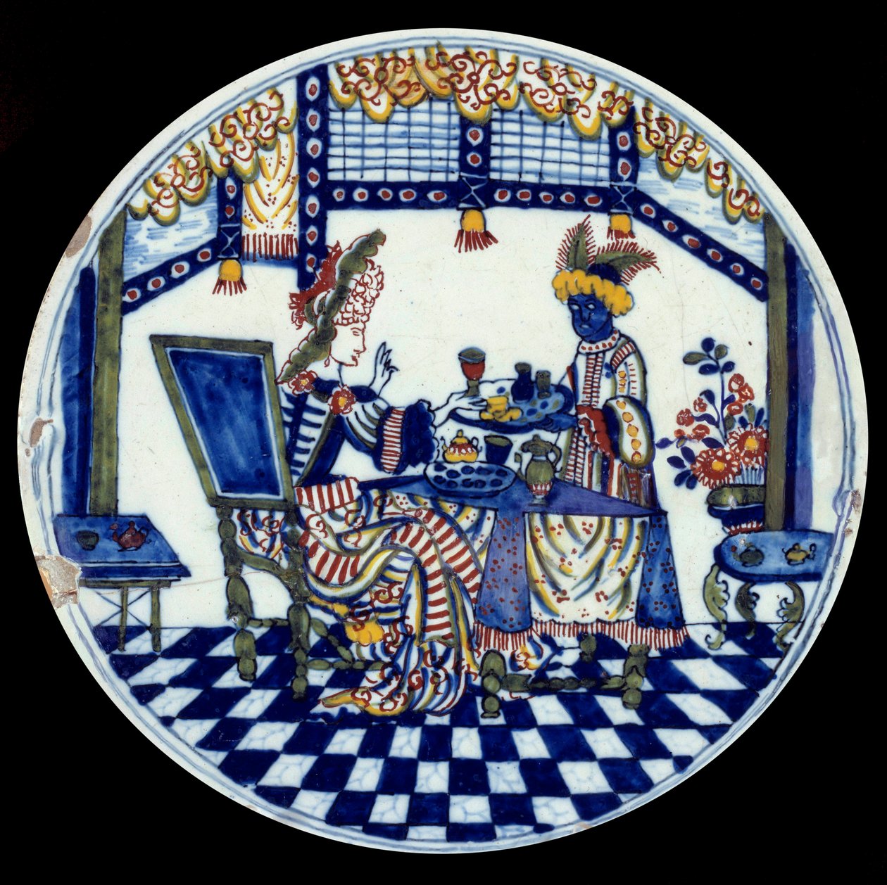 Prato de porcelana Delft representando uma mulher em uma mesa servida pelo seu criado negro. 1705 Sevres, Museu Nacional de Cerâmica de Dutch School