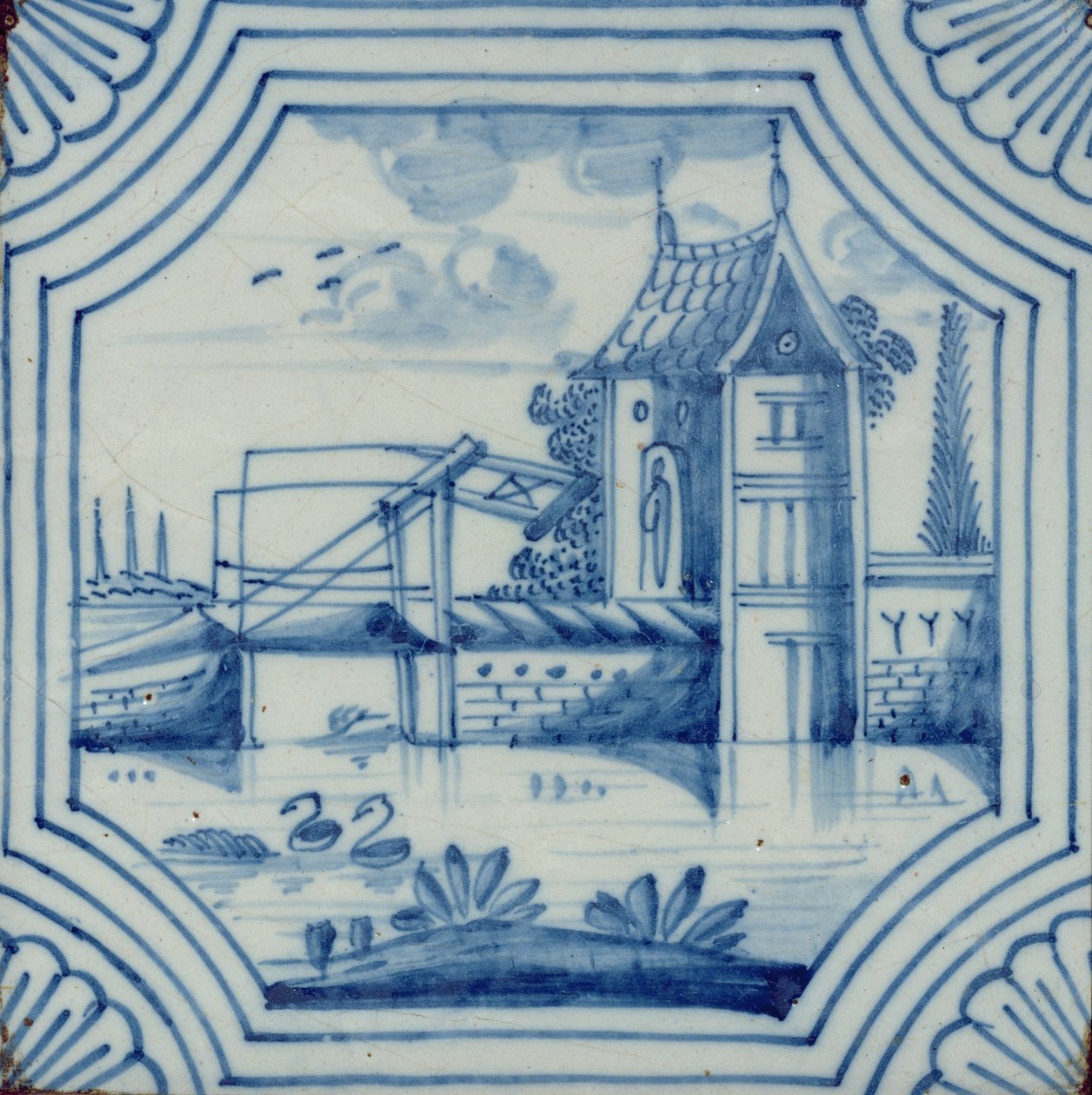 Telha de Delft, mostrando uma ponte levadiça sobre um canal, do século XIX de Dutch School