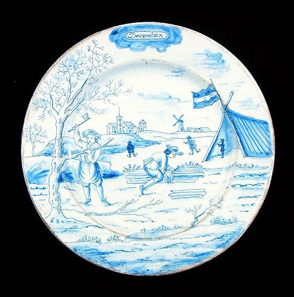 Placa de retentor retratando o mês de Dezembro (louça de lata) de Dutch School
