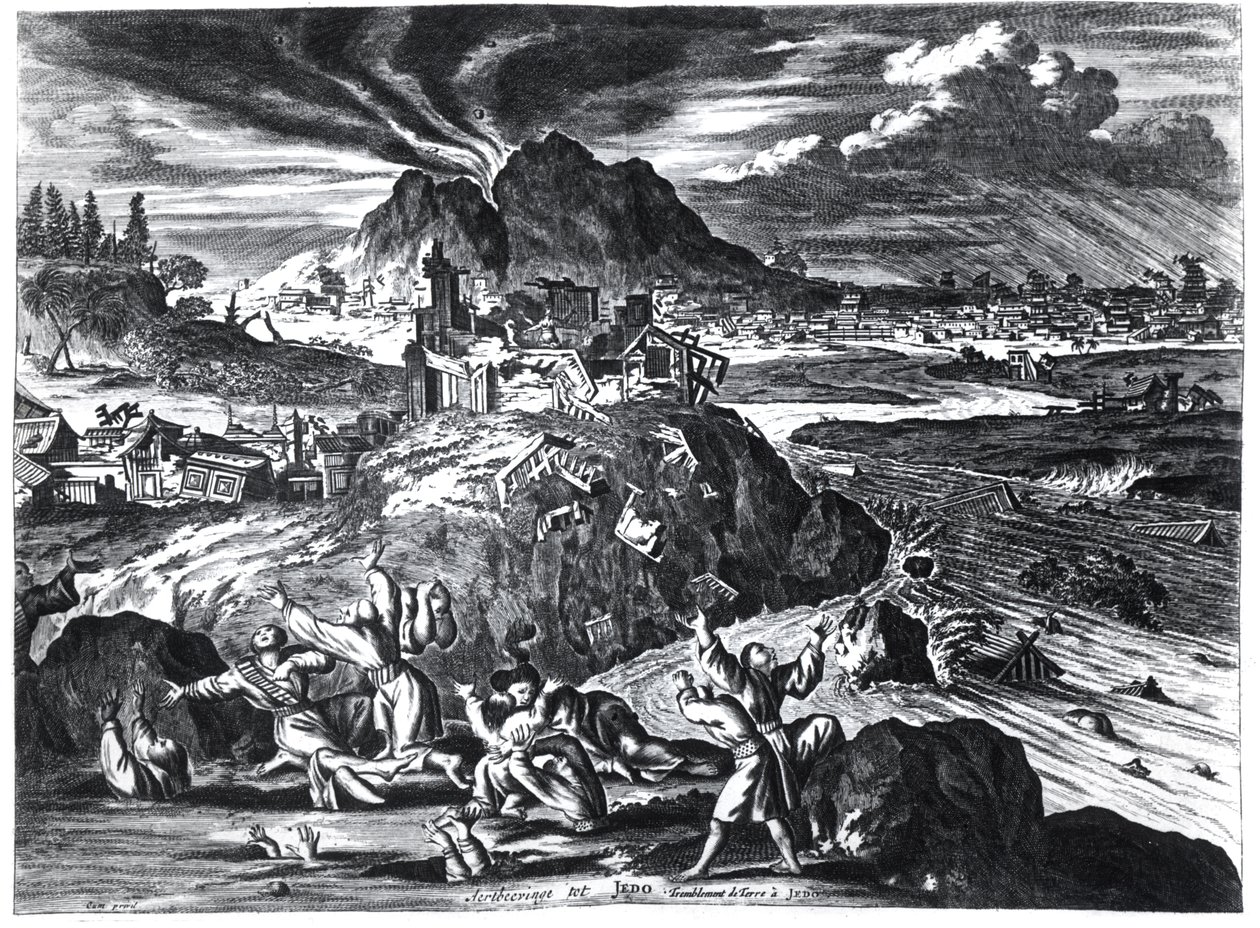 Terremoto em Edo (Tóquio) em 1659, ilustração do relato de Arnold Montanus de embaixadas enviadas pela Companhia Holandesa das Índias Orientais ao Imperador do Japão, publicado em Amsterdã 1669 ( de Dutch School