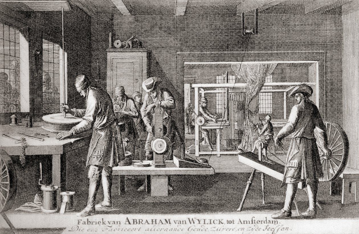 Fábrica de Abraham van Wylick, Indústria da Seda de Amesterdão, de "Geschiedenis van Nederland", publ. 1936 (litografia) de Dutch School