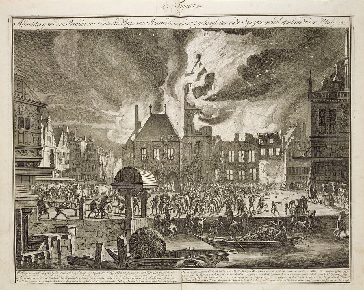 Incêndio na antiga Câmara Municipal de Amsterdam, 17 de julho de 1652, de um livro sobre Firefighting na Holanda, publicado em c.1700 de Dutch School