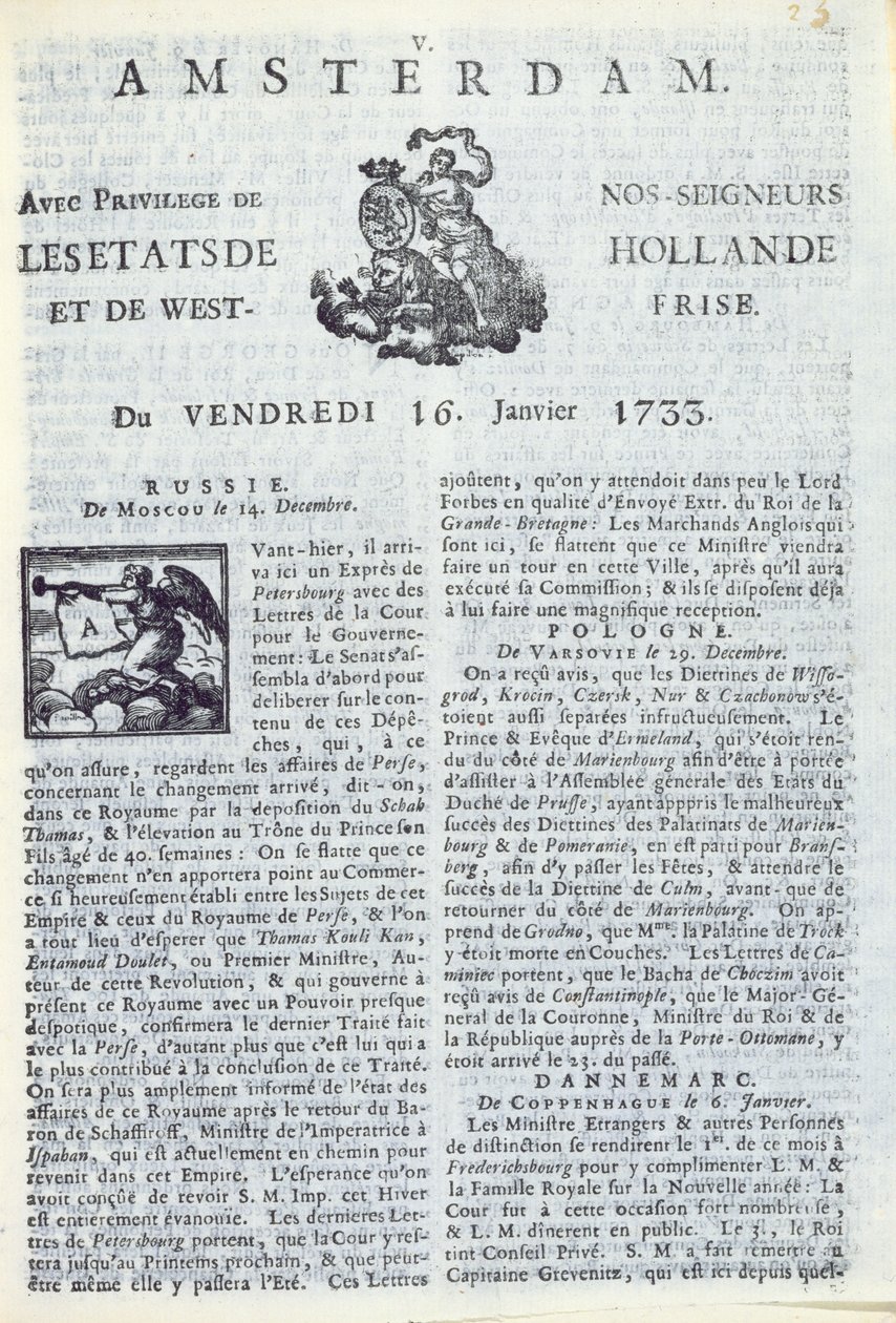 Primeira página de La Gazette dAmsterdam, 16 de janeiro de 1733 (impresso) de Dutch School