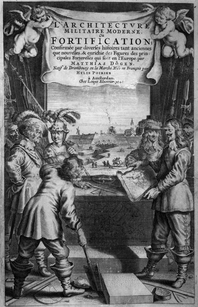 Frontispício da Arquitetura Militaire Moderne, Fortificação de Matthias Dogen, gravado por Theodor Matham (c.1606-76), pub. por Chez Louis Elzevier, Amsterdã, 1648 de Dutch School