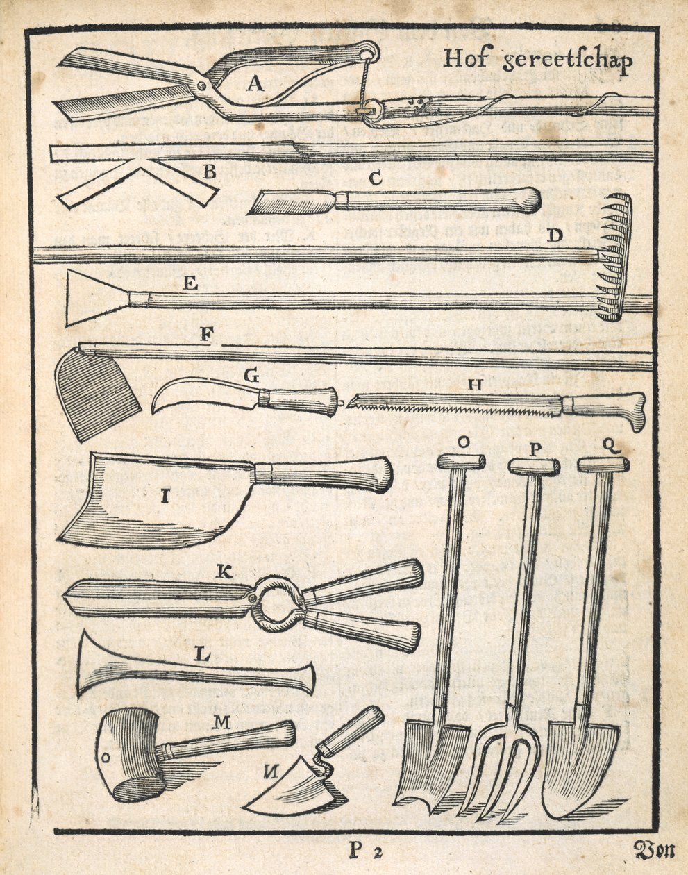 Ferramentas de jardim, de The Dutch Gardener por Johann van der Groen, publicado em 1699 de Dutch School