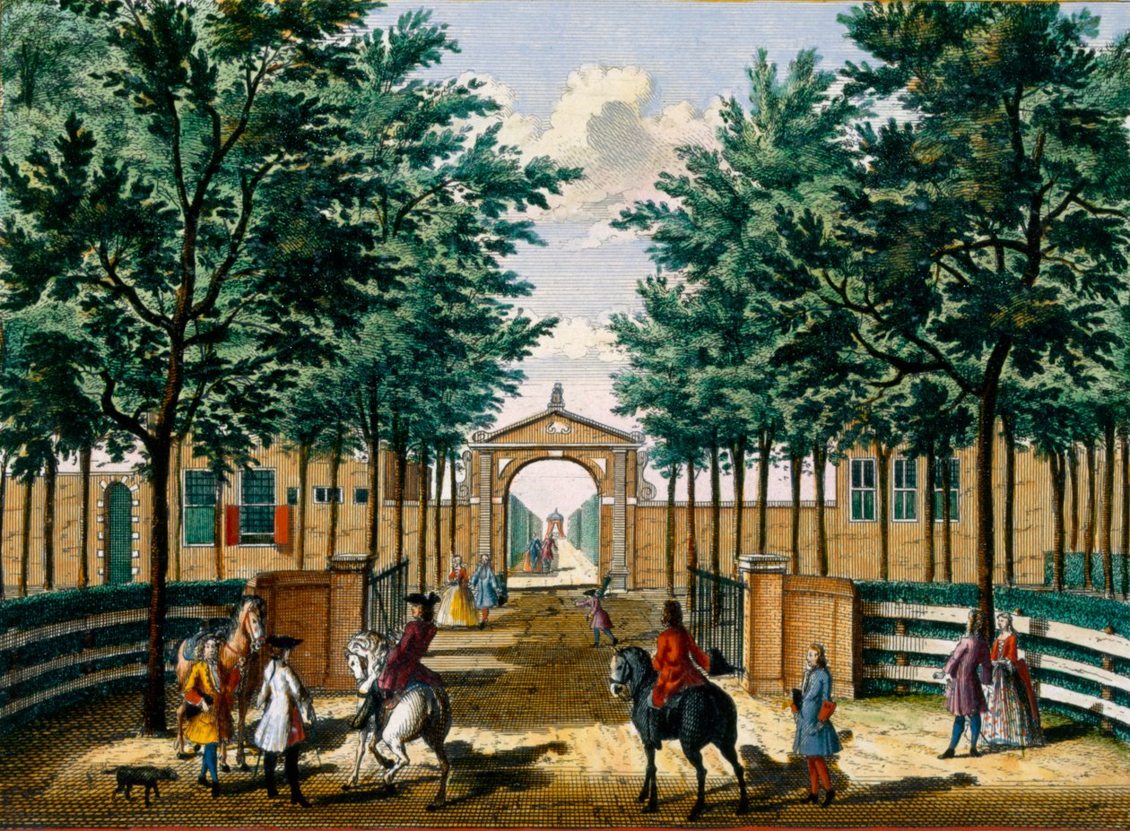 Jardins do palácio do prazer de Haringkaspel, do Zeganpralent Kennemerlant por Hendrick de Leth e Matthias Brouerius Van Nidek, publicado c.1700-1730 de Dutch School