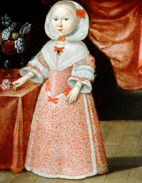 Menina segurando uma Pink and White Flower, c.1640 (óleo sobre cobre) de Dutch School