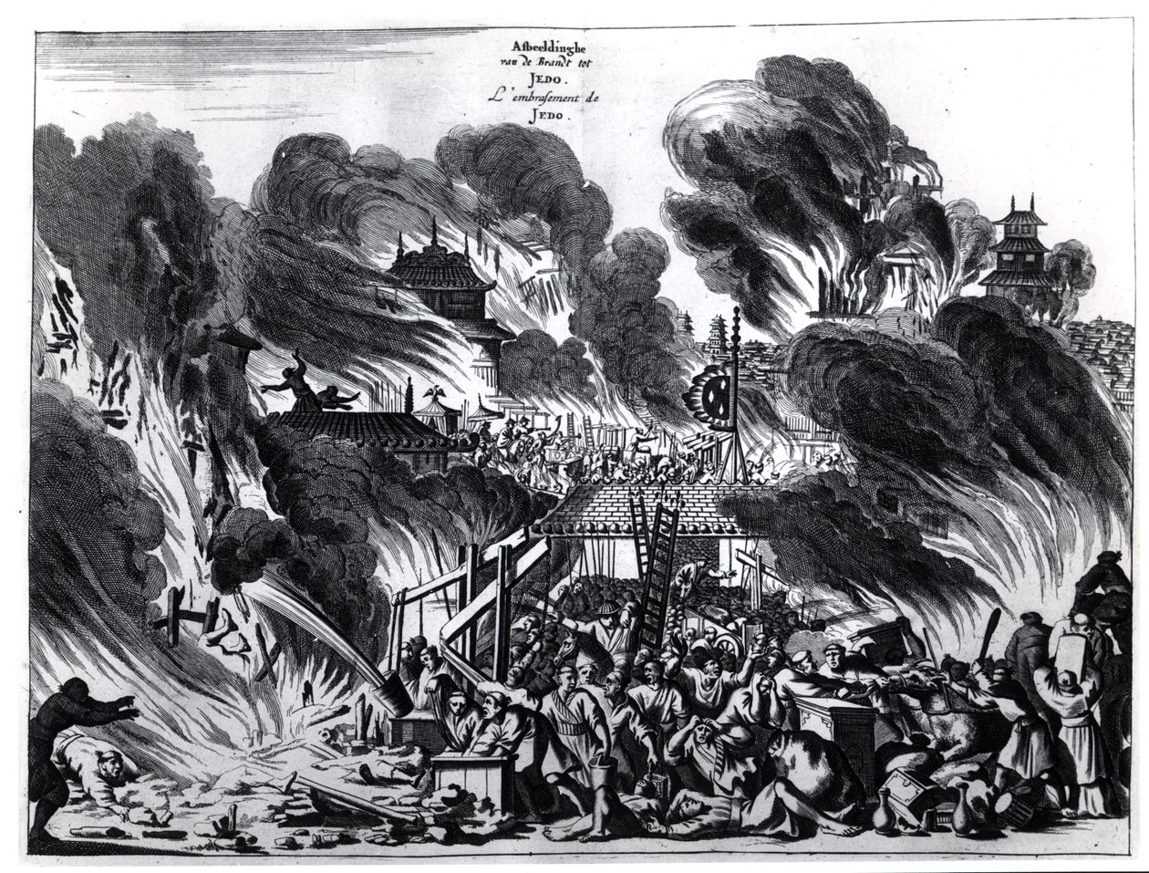 Grande Incêndio em Yedo (Tóquio) no século XVII, ilustração do relato de Arnold Montanus de embaixadas enviadas pela Companhia Holandesa das Índias Orientais ao Imperador do Japão, publicado em Amsterdã 1680 de Dutch School