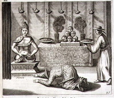 Interior de um templo a um Deus indiano, de "China Ilustrada" por Athanasius Kircher (1601-80) 1667 (gravura) de Dutch School