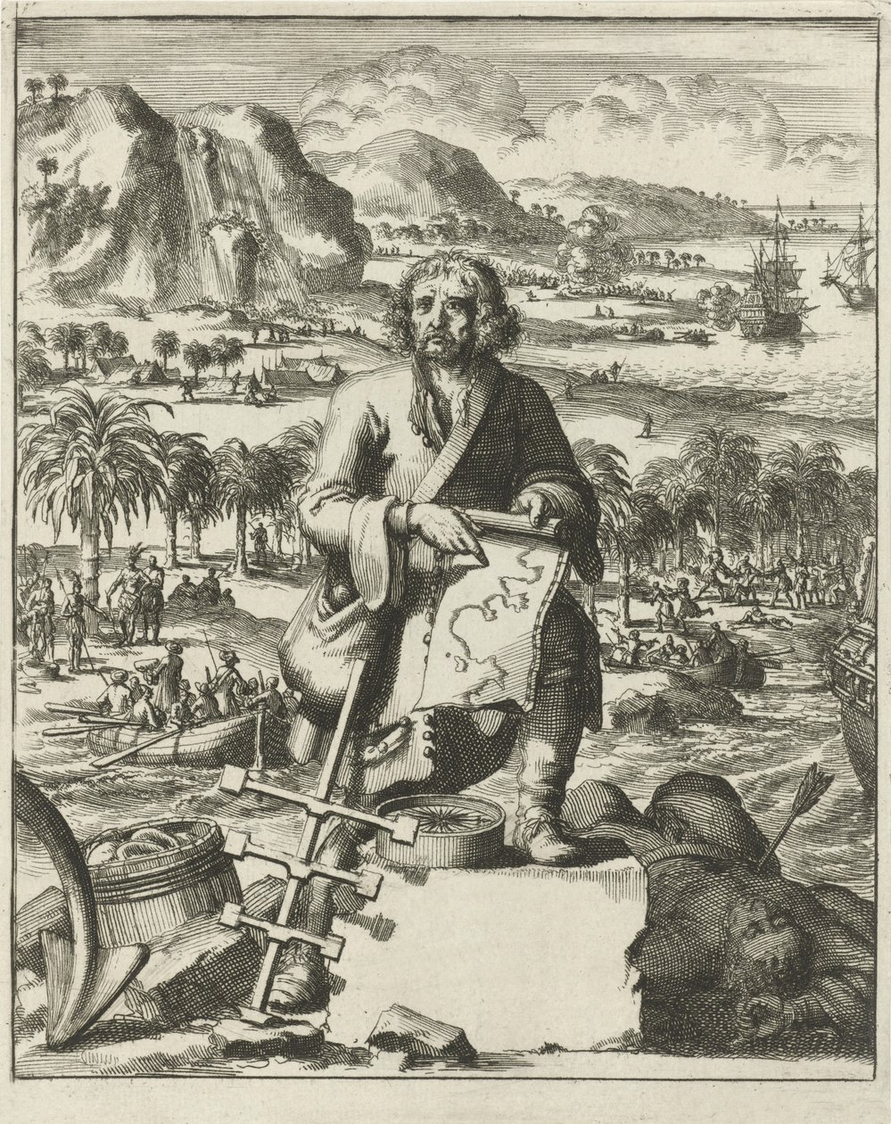 Louis Hennepin desembarcando na América do Norte, pub. 1688 (gravura) de Dutch School