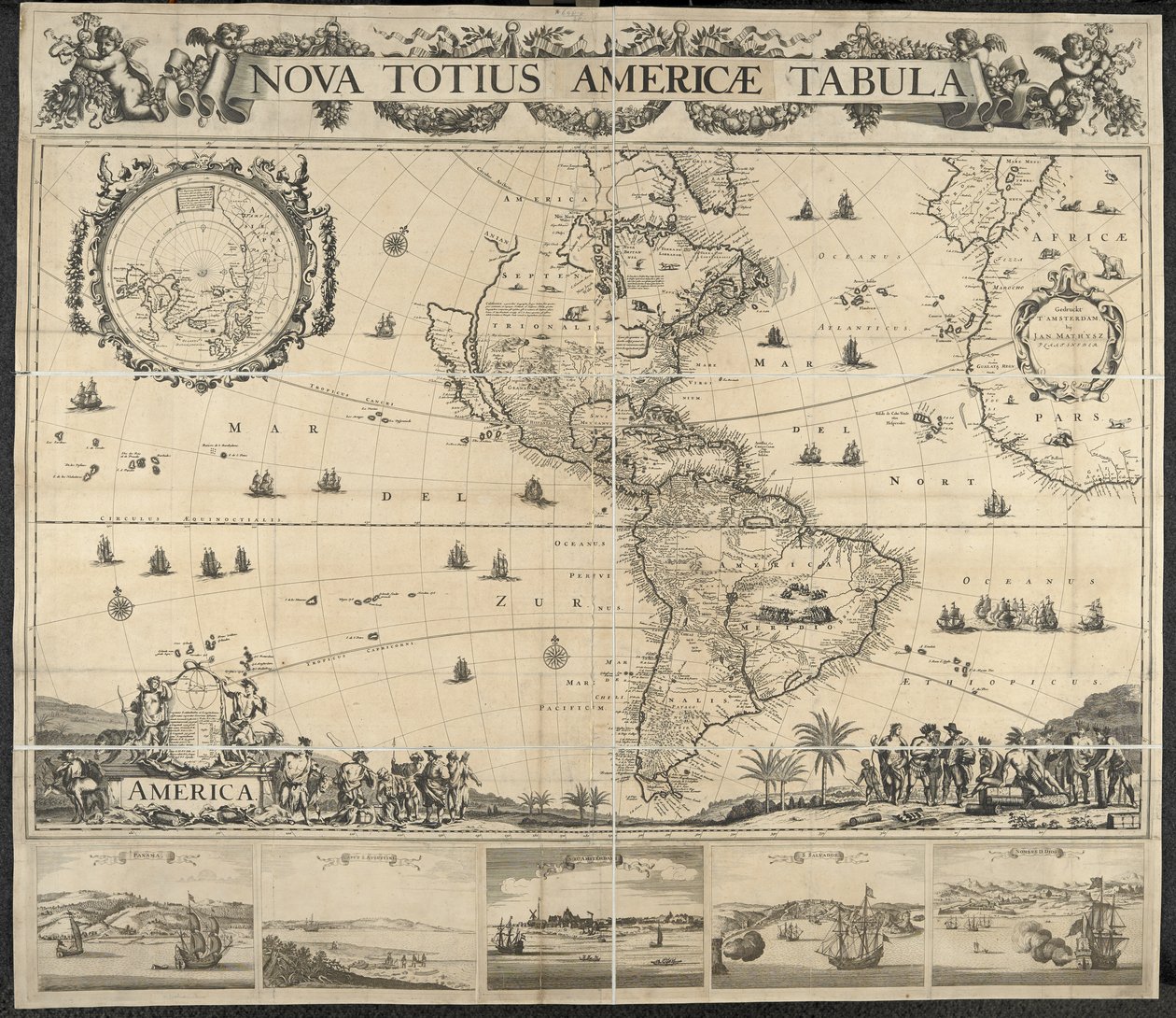 Mapa da América, Nova totius Americae Tabula, [com vistas de] Panamá, Caput S. Augustini, Nieu Amsterdam, S. Salvador, Nombre D. Dios. Gedruckt bij J. Mathysz de Dutch School