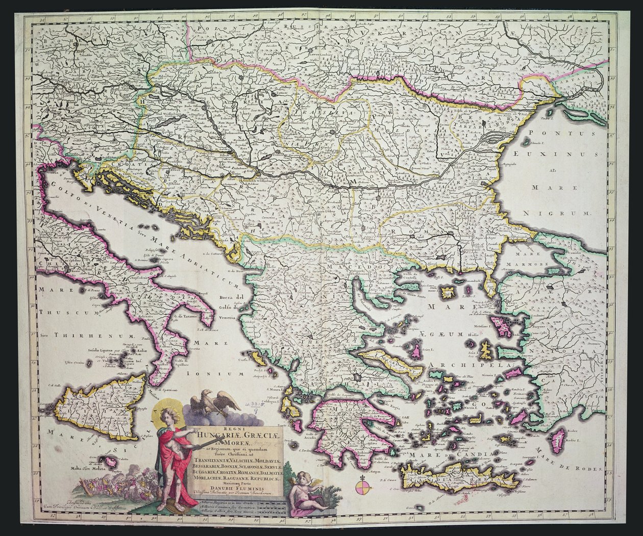 Mapa da Grécia, Hungria e seus países vizinhos (gravura colorida à mão) de Dutch School
