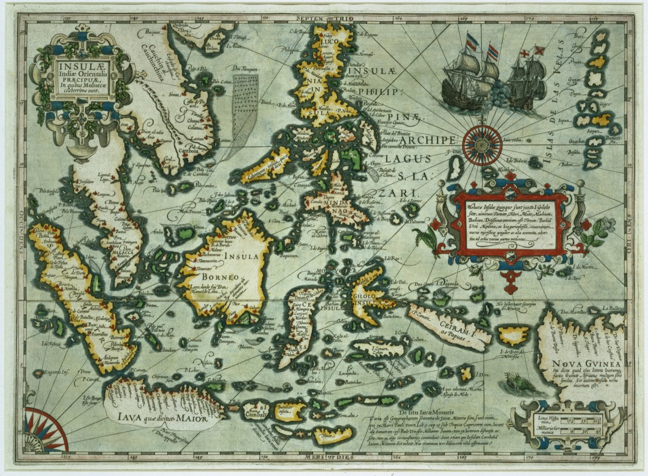 Mapa das Índias Orientais, pub. 1635 em Amsterdã (gravura colorida à mão) de Dutch School