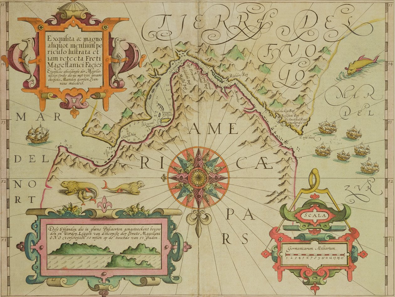 Mapa do Estreito de Magalhães, Patagônia, do pub Mercator Atlas. por Jodocus Hondius (1563-1612) Amsterdã, 1606 de Dutch School