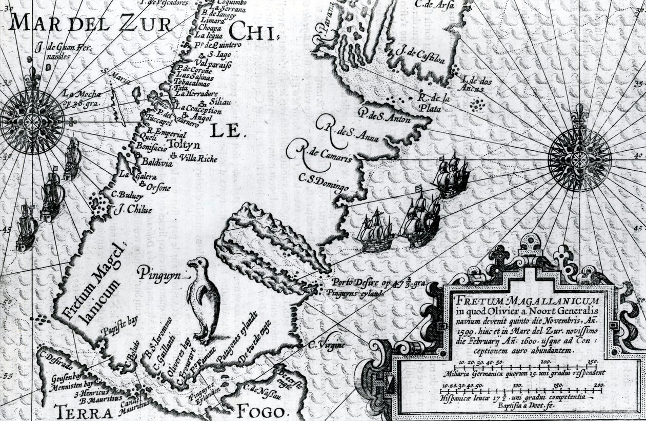 Mapa do Estreito de Magalhães, placa de Oliver van Noorts descrição de sua viagem, 1602 de Dutch School