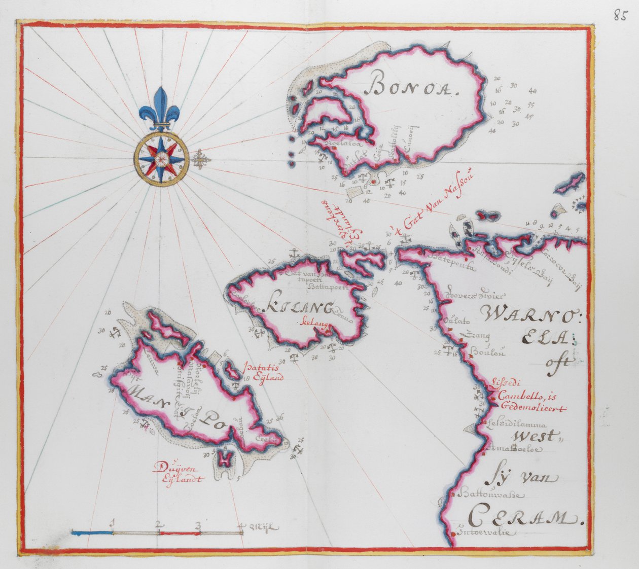 Mapa mostrando parte da Ilha de Ceram (Seram) e Bonoa (Ilha Boano) e Ilha Kelang e Ilha Manipa. de Dutch School