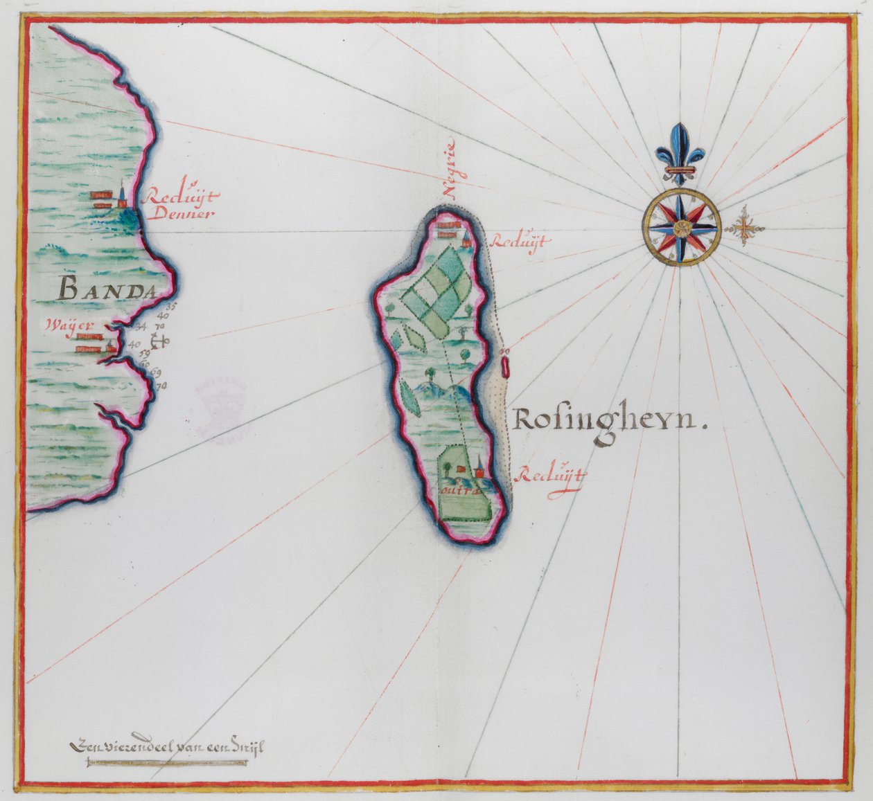 Mapa mostrando pequena parte de Banda Besar (Lonthoir) e Hatta (Rosengain.) As ilhas Bnda, parte da província indonésia de Maluku. de Dutch School