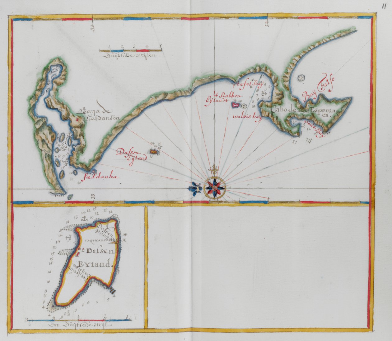 Mapas mostrando a Ilha Dassen, uma ilha sul-africana e a costa oposta. de Dutch School