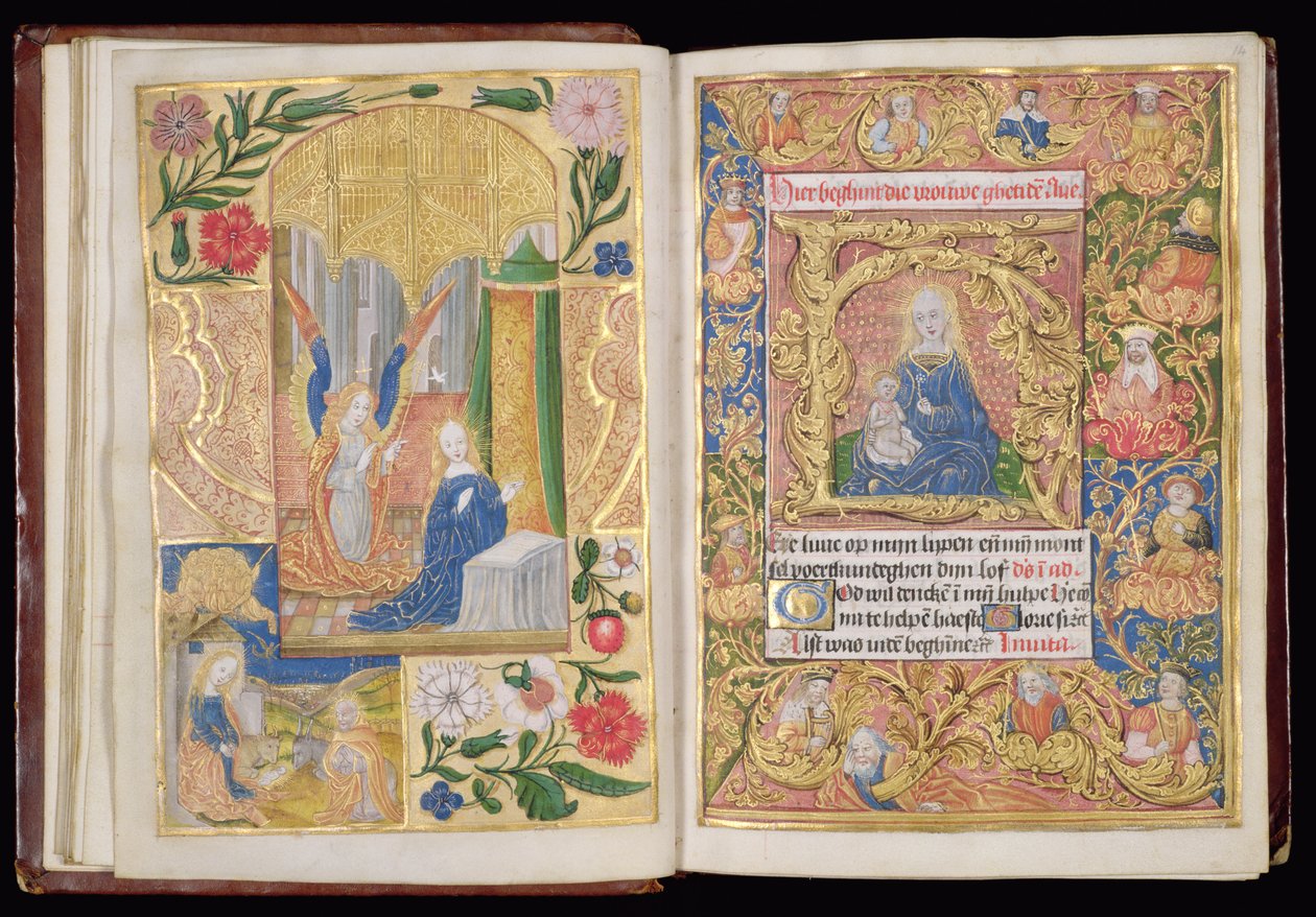 Ms 144, ff.13v-14r: A Anunciação e a Virgem e o Menino, miniaturas de um Livro de Horas, Uso de Utrecht, c.1500-20 (folhas de ouro e tintas douradas e coloridas em pergaminho) de Dutch School