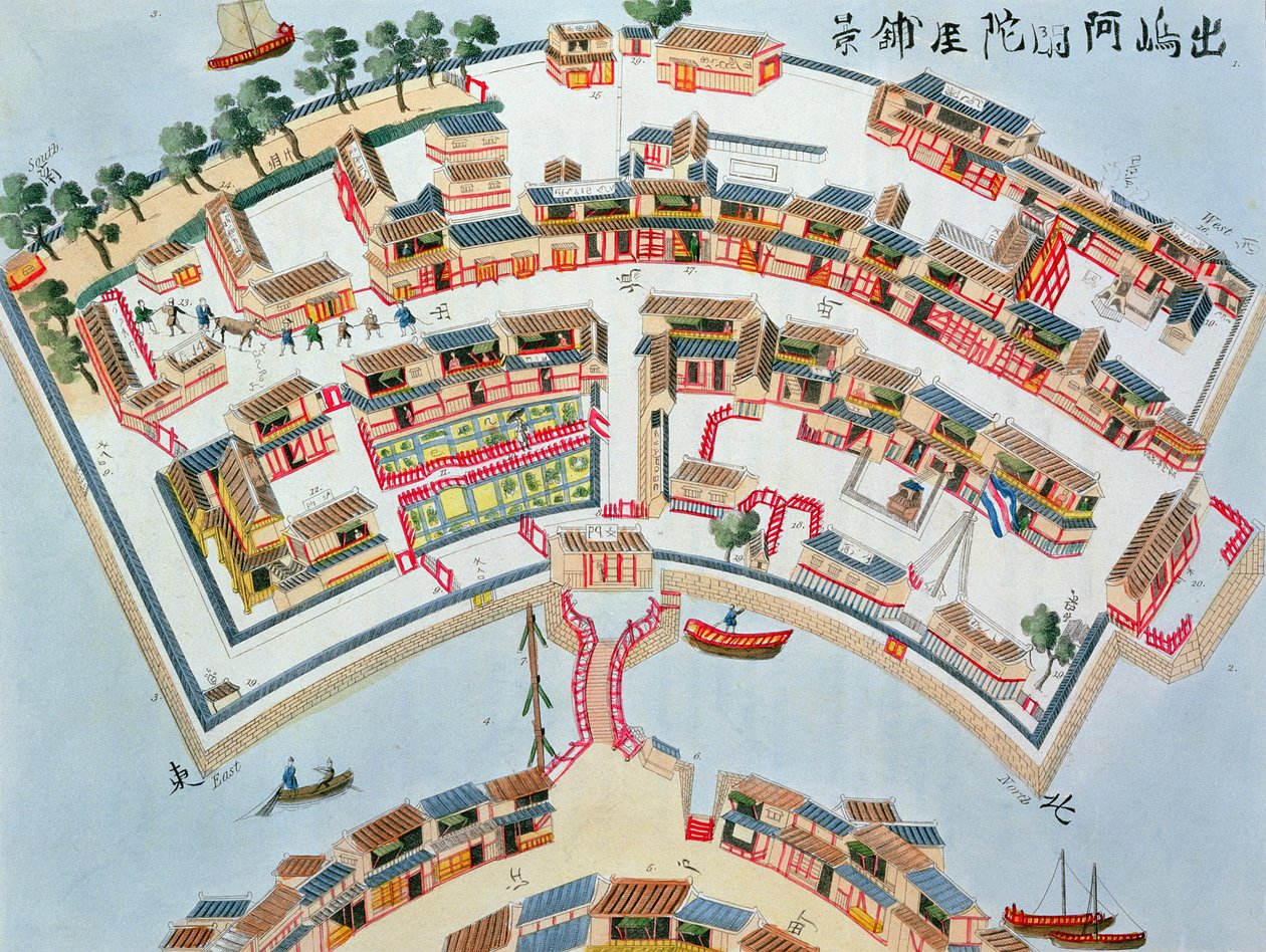 Plano da Fábrica Holandesa na Ilha de Desima em Nangasaki, de Ilustrações do Japão por Isaac Titsingh (c.1740-1812), publicado em Londres, 1822 de Dutch School