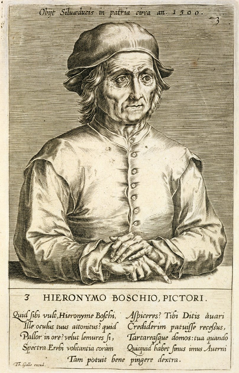 Retrato de Hieronymus Bosch (c.1450-1516) placa 3 em uma série de retratos de artistas, gravada por Theodor Galle (1571-1633) de Dutch School