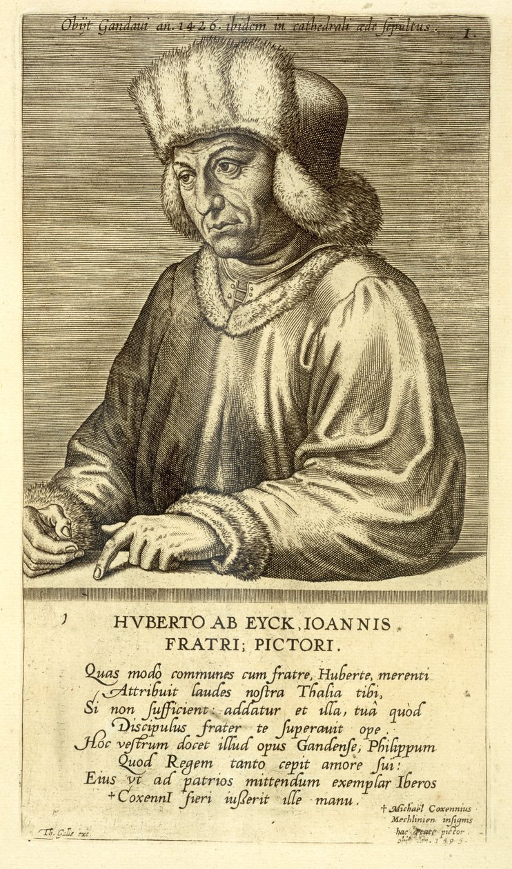 Retrato de Hubert van Eyck (1366-1426), quadro 1 de uma série de retratos de artistas, gravados por Theodor Galle (1571-1633) de Dutch School