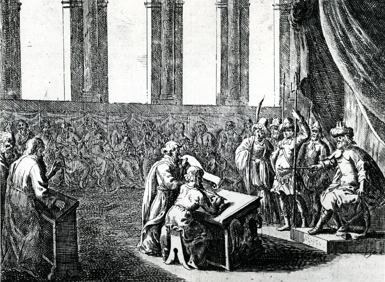 Ptolomeu Filadelfo, rei do Egito, convoca 72 homens da Judéia para traduzir a lei judaica para o grego, c.1700 de Dutch School