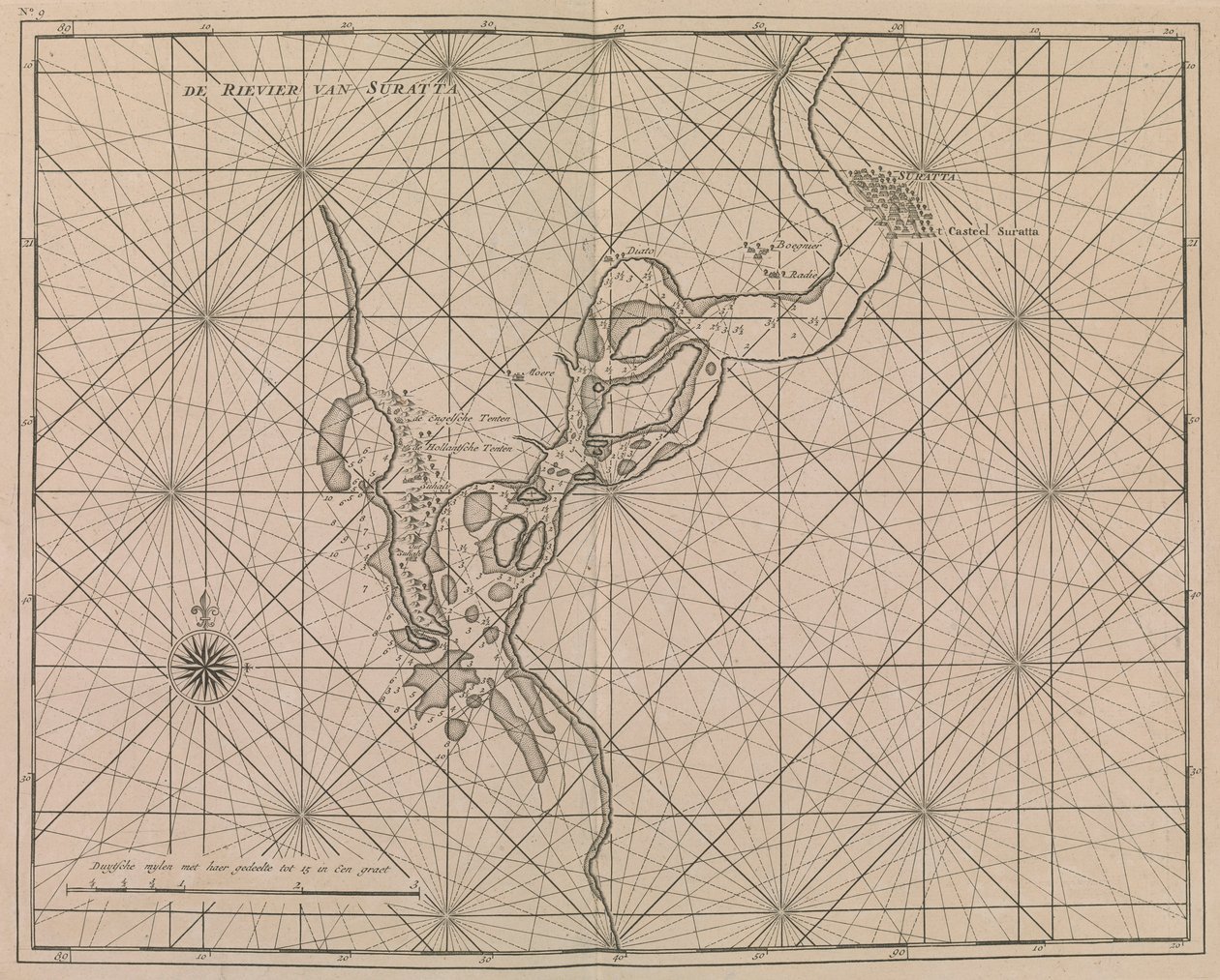 Aproximação do rio a Surat, c.1726 (gravura) de Dutch School