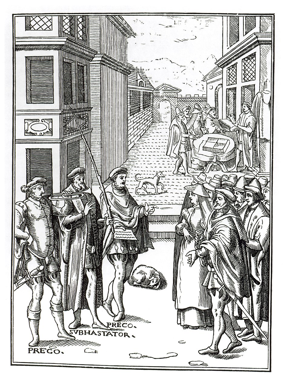 Venda por Town Crier, depois de uma xilogravura em Praxis Rerum Civilium por Joos de Damhouder (1507-81) publicou Antuérpia, 1557 de Dutch School