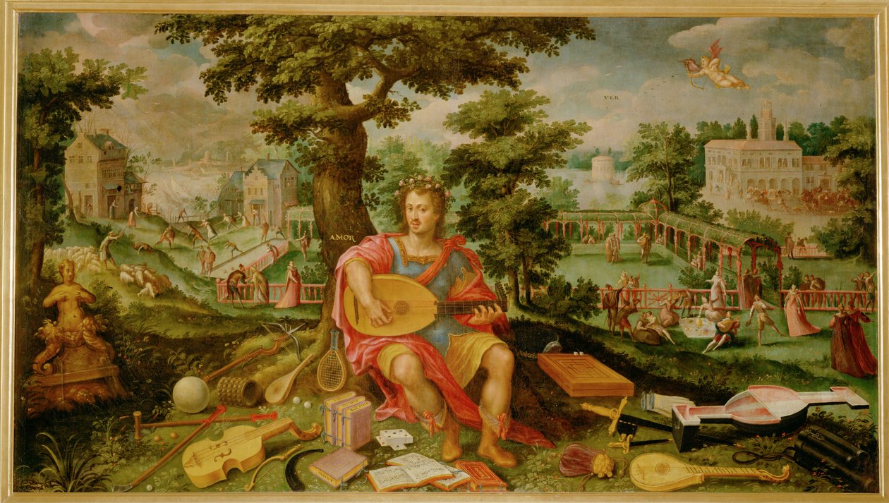 primavera, um dos quatro quadros que representam as Idades do Homem ... (pintura sobre tela) de Dutch School