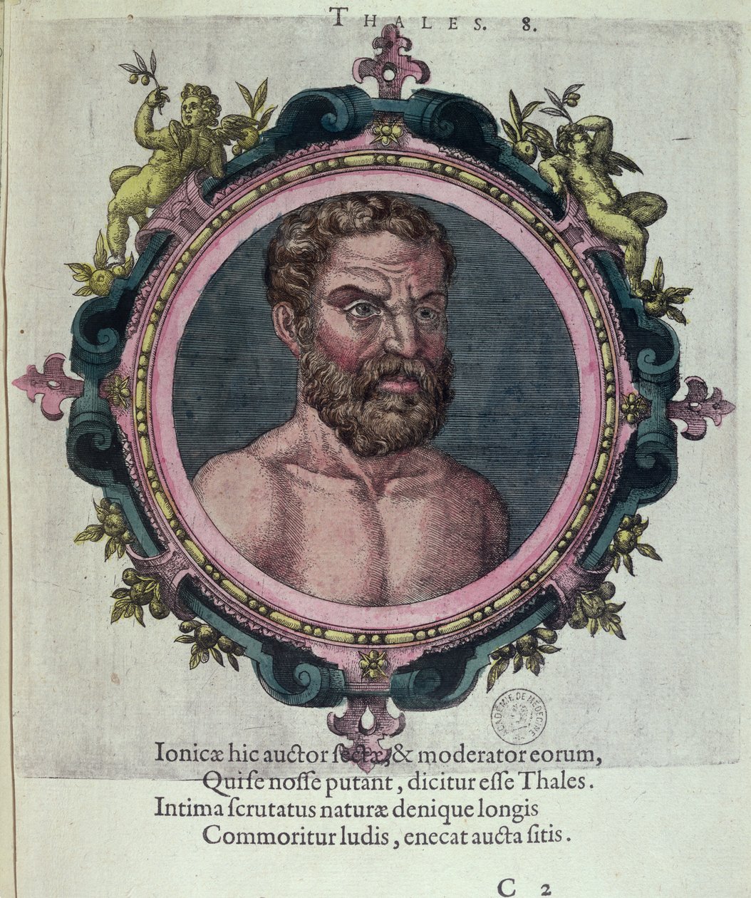 Tales de Mileto (BC c.625-547), de velhos e novos médicos e filósofos ícone por Johannes Sambucus (1531-1584), publicado pela Plantin em Antuérpia 1574 (gravura da cor) de Dutch School