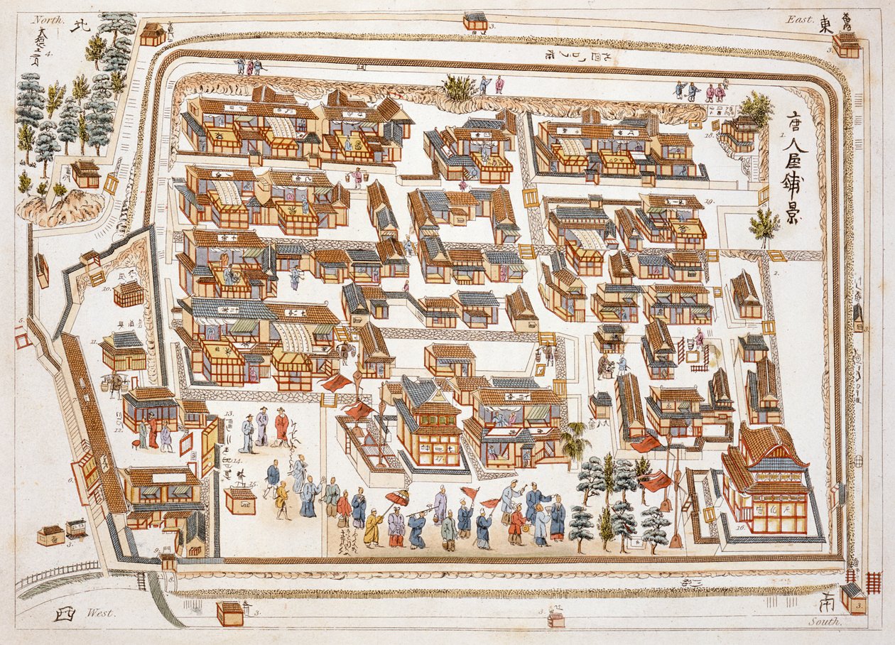 A Fábrica Chinesa na Rua de Teng-chan em Nangasaki, fundada em 1688, de Ilustrações do Japão por Isaac Titsingh (c.1740-1812), publicada em Londres, 1822 de Dutch School