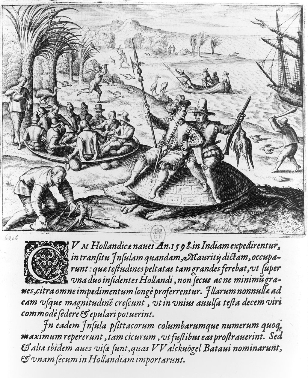 O holandês na ilha Maurícia em 1598, gravado por de Bry de Dutch School