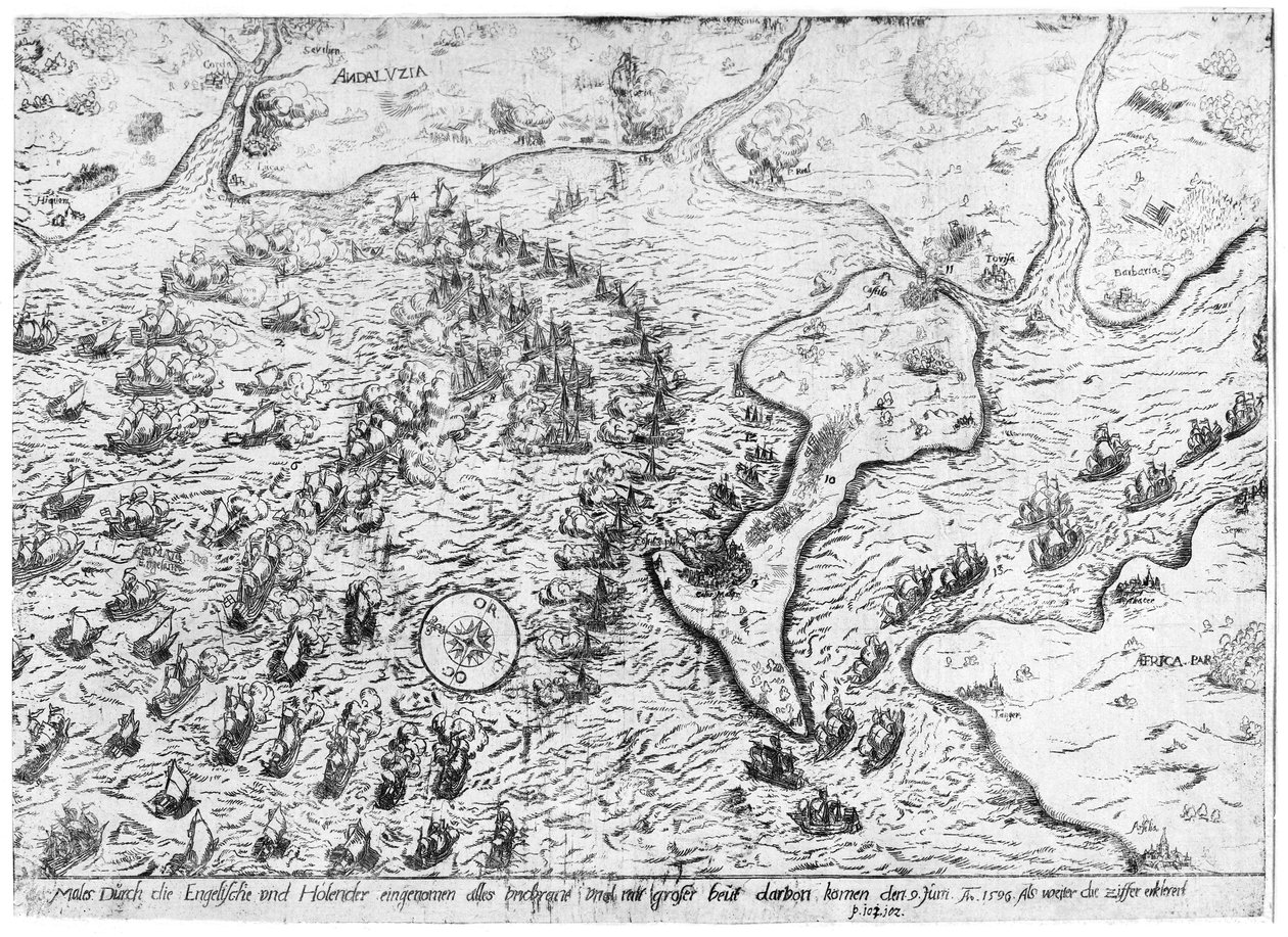 As forças inglesas e holandesas enfrentam a frota espanhola no porto de Cádis em 1596 de Dutch School