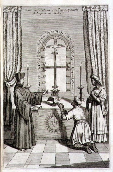 A Cruz Milagrosa de São Tomás Apóstolo em Meliapore na Índia, de "China Ilustrada" de Athanasius Kircher (1601-80) 1667 (gravura) de Dutch School