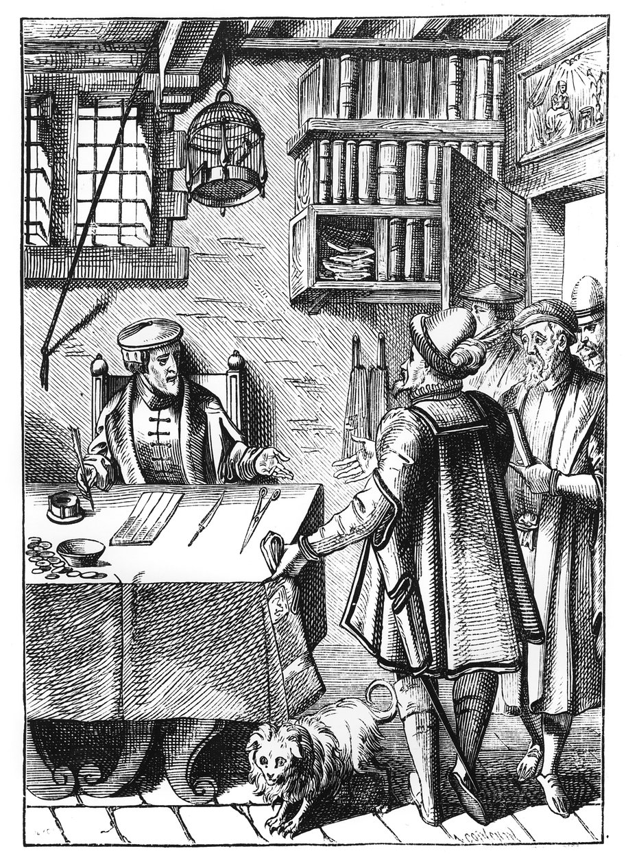 O Receptor de Impostos, depois de uma xilogravura em Praxis Rerum Civilium por Joos de Damhouder (1507-81) publicou Antuérpia, 1557 de Dutch School