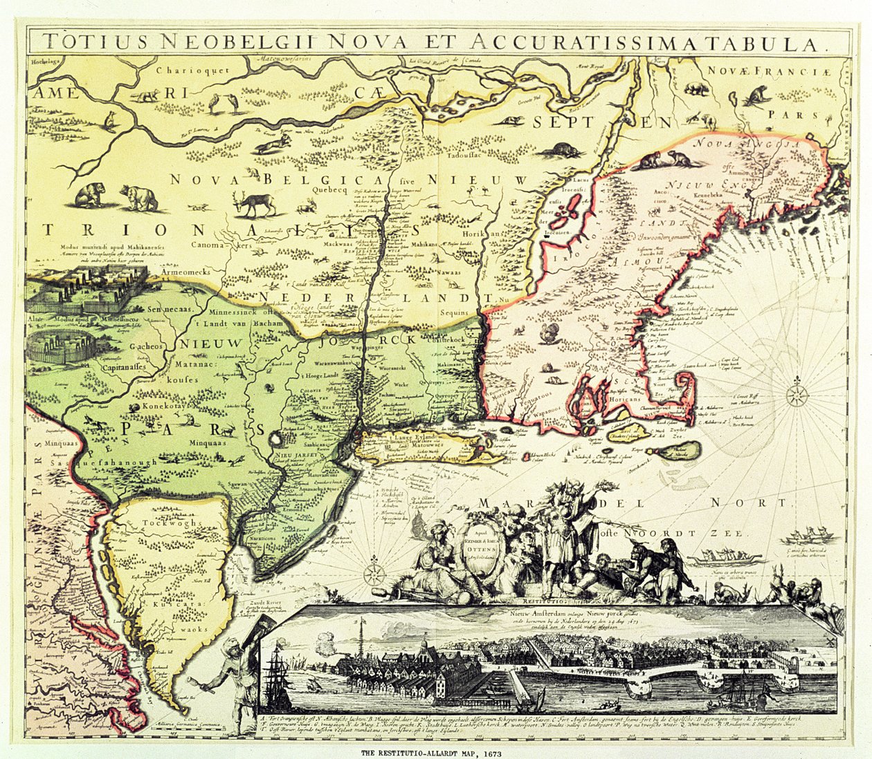 O mapa Restitutio-Allardt de New Amsterdam, gravado e pub. por Carolus Allardt, 1673 (gravura em cobre) de Dutch School