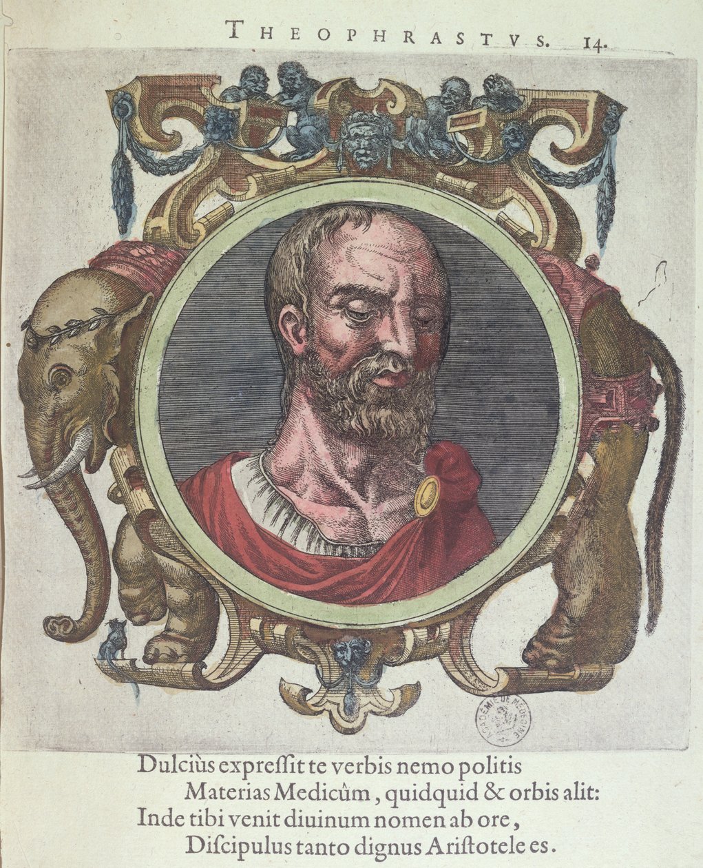 Theophrastus (BC c.372-287), de médicos antigos e novos e filósofos ícone por Johannes Sambucus (1531-84), publicado pela Plantin em Ley 1603 (gravura da cor) de Dutch School