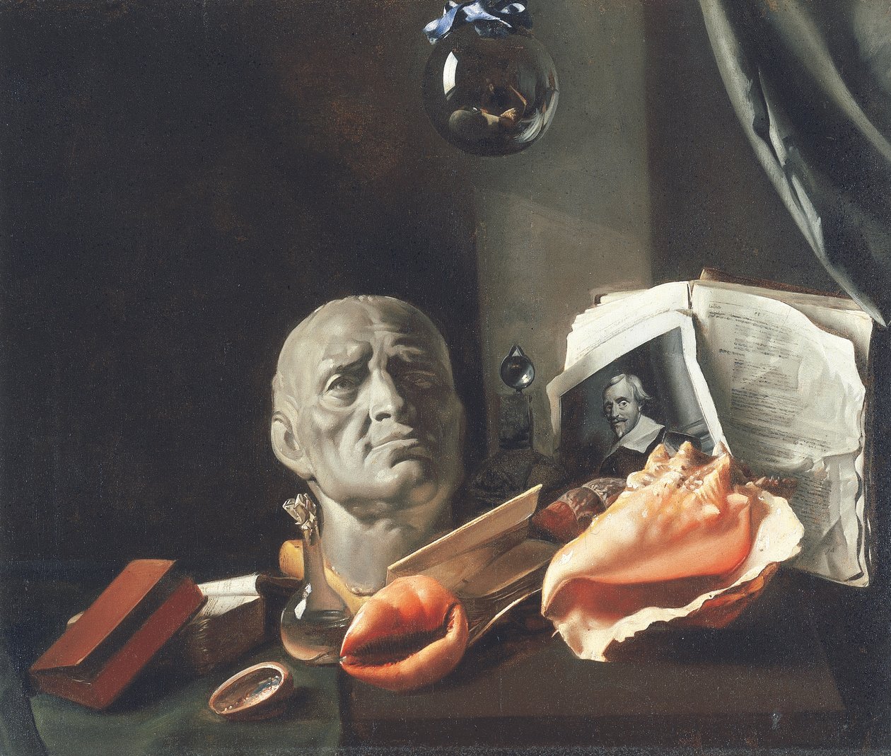 Vanitas naturezas mortas com busto, conchas, livros e frascos de vidro (óleo sobre tela) de Dutch School