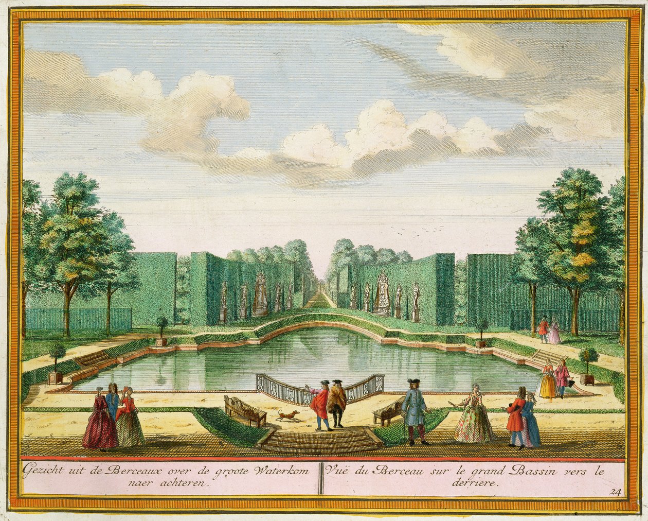 Vista do pavilhão sobre o grande lago, de Het Zeganplant Kennemerlant, de Hendrick de Leth e Matthias Brouerius Van Nidek, publicado em c.1700-1730 de Dutch School